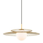 Lampa wisząca Sarah 1xE27 w kolorze złotym. Posiada okrągłą, mleczną szklaną kulę otoczoną metalowym, złotym stelażem w formie ażurowej tarczy. Zawieszona na czarnym przewodzie, w stylu nowoczesnym.