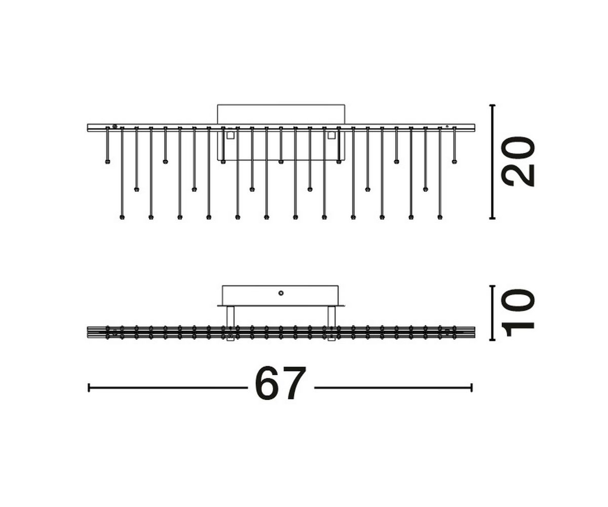 Huaraz kinkiet 1xLED 11W w kolorze złotym, o wymiarach 67 cm szerokości, 20 cm wysokości oraz 10 cm głębokości. Posiada prostą, nowoczesną konstrukcję z wiszącymi elementami świetlnymi, idealny do nowoczesnych wnętrz.
