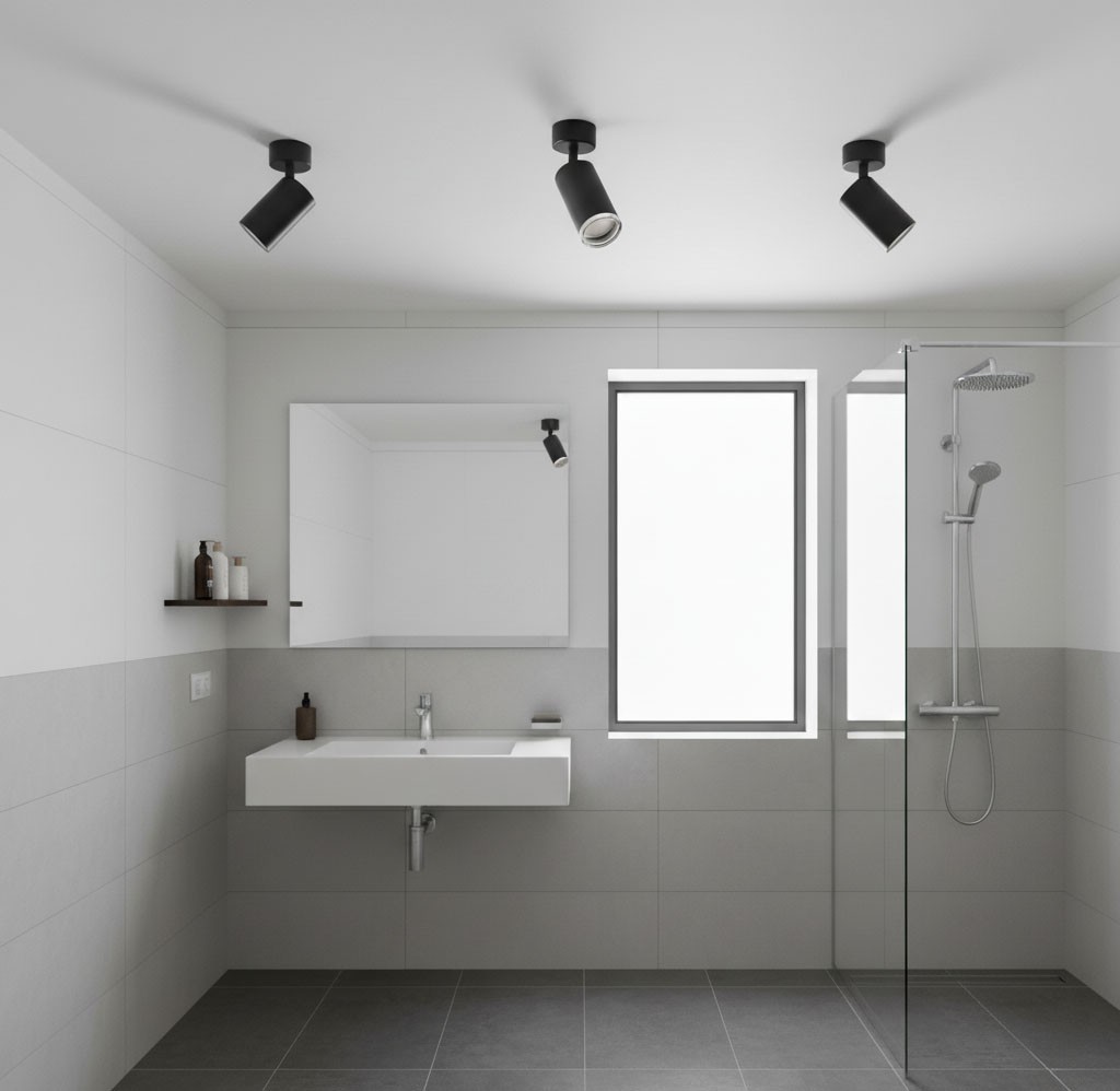 Lampa sufitowa Turyn IP44 w kolorze czarnym z jedną oprawą GU10, zamontowana na suficie w nowoczesnej łazience. Oświetlenie skierowane jest na lustro, w tle widoczne szare płytki oraz szklana kabina prysznicowa.