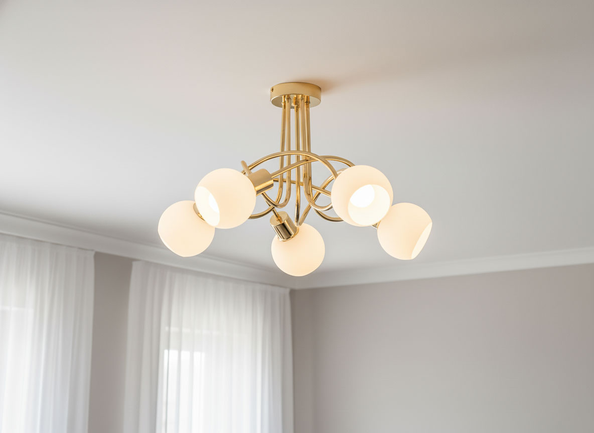 Lampa wisząca Eryka z pięcioma źródłami światła E14, złota konstrukcja z metalowymi ramionami. Okrągłe, białe klosze z matowego szkła. Ujęcie z dołu, lampa zamontowana na suficie, w tle jasne zasłony.