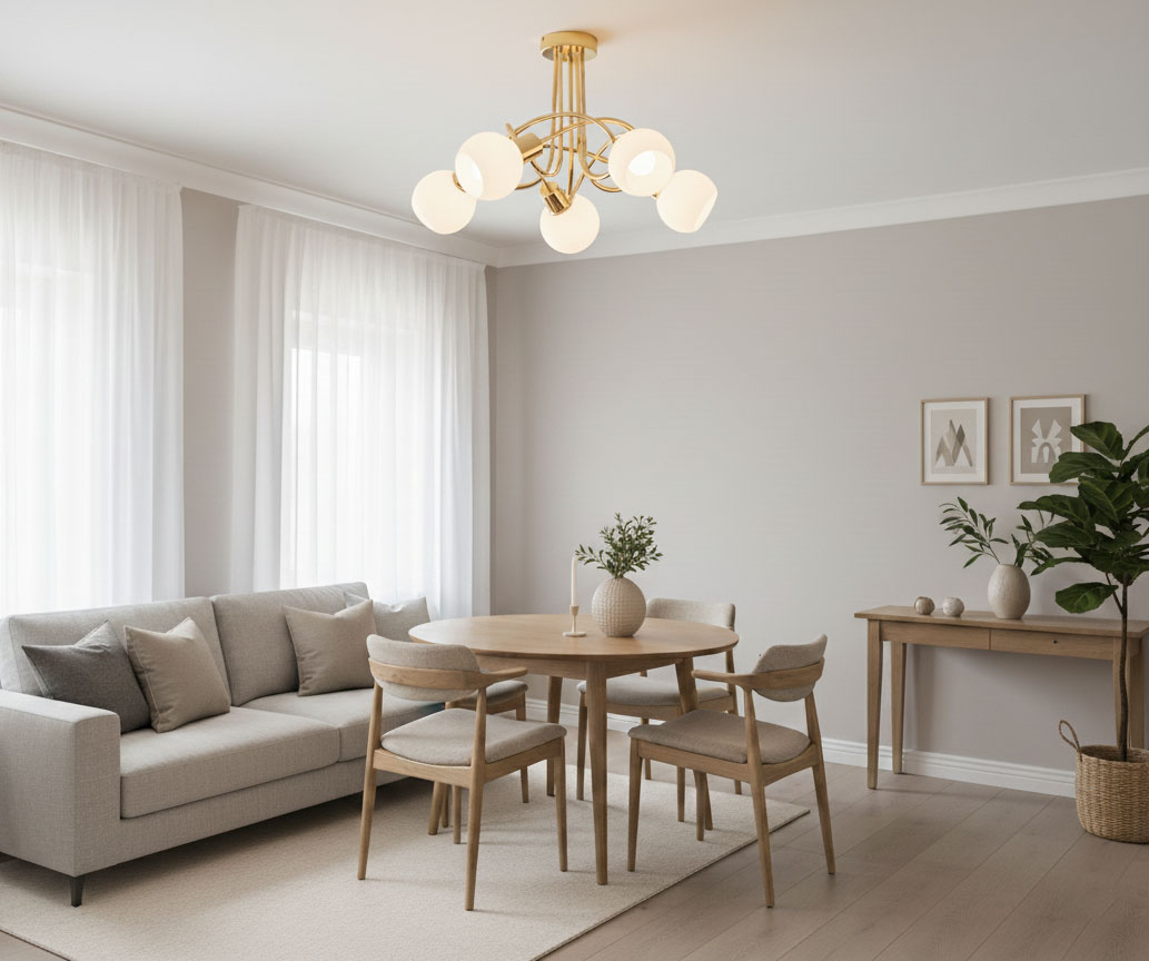 Lampa wisząca Eryka w kolorze złotym z pięcioma oprawami E14. Mosiężna konstrukcja z okrągłymi kloszami w białym kolorze. Zawieszona w jasnym wnętrzu z sofą i drewnianym stołem, tworzy elegancką atmosferę.