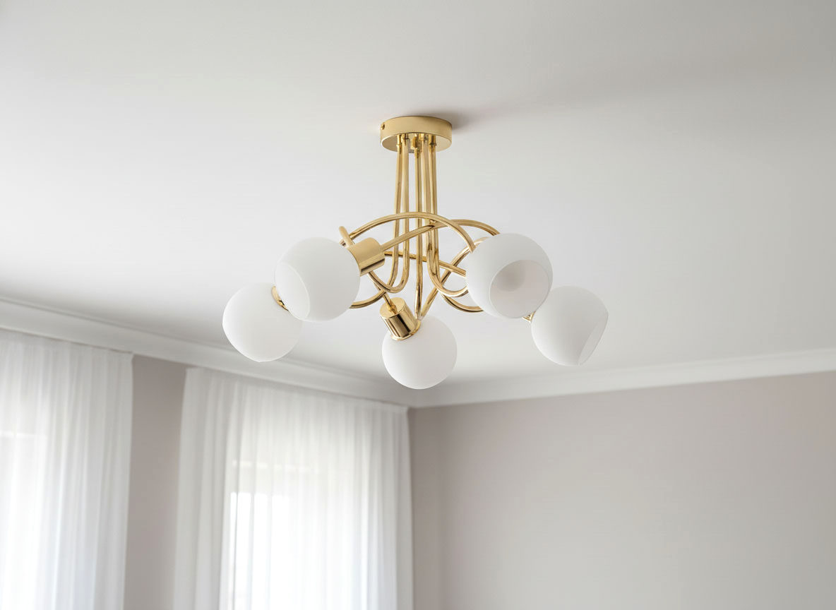 Lampa wisząca Eryka w kolorze złotym z pięcioma kloszami w kształcie półkul, wykonanymi z białego szkła. Produkt zamontowany na suficie, z widocznym metalowym stelażem i eleganckim, nowoczesnym designem.