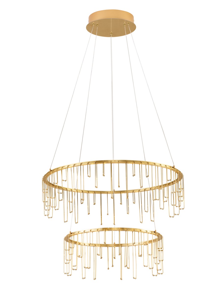Lampa wisząca Huaraz 2xLED 41W w kolorze złotym. Składa się z dwóch okrągłych pierścieni, z dekoracyjnymi elementami w formie długich prętów. Zawieszona na cienkich żyłkach, montowana do sufitu. Tło białe, co podkreśla elegancki wygląd lampy.