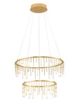 Lampa wisząca Huaraz 2xLED 41W w kolorze złotym. Składa się z dwóch okrągłych pierścieni, z dekoracyjnymi elementami w formie długich prętów. Zawieszona na cienkich żyłkach, montowana do sufitu. Tło białe, co podkreśla elegancki wygląd lampy.