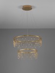 Lampa wisząca Huaraz 2xLED 41W w kolorze złotym, składająca się z dwóch okrągłych pierścieni z drobnymi, zwisającymi źródłami światła. Zawieszona na cienkich linkach, montowana do sufitu. Tło w odcieniach szarości.