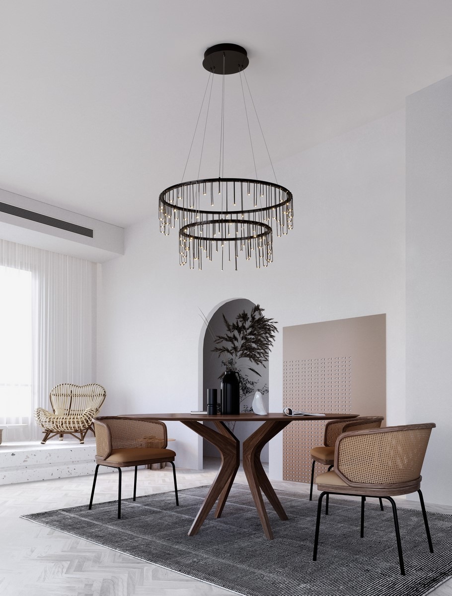 Lampa wisząca Huaraz 2xLED 41W w kolorze czarnym, z dwoma okrągłymi kloszami i dekoracyjnymi elementami w postaci zwisających prętów. Zawieszona na cienkich linkach, idealna do nowoczesnych wnętrz, umieszczona nad okrągłym stołem w eleganckiej aranżacji.