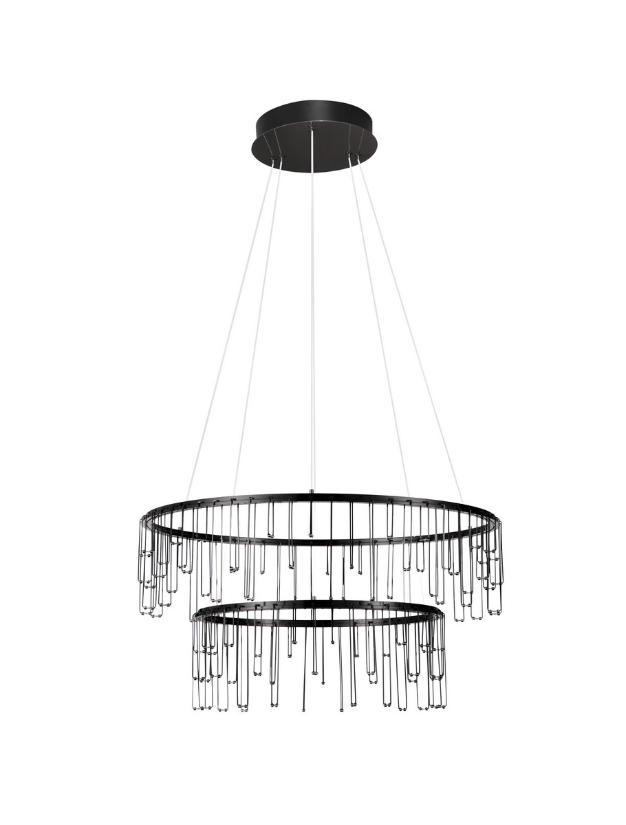 Lampa wisząca Huaraz 2xLED 41W w kolorze czarnym, z dwoma okrągłymi ramami, zawieszona na cienkich linkach. Stylowy design z metalowymi elementami w formie prostokątów, idealna do nowoczesnych wnętrz.