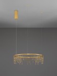 Lampa wisząca Huaraz D65 z 1xLED 26W, w kolorze złotym. Okrągła konstrukcja z długimi, prostokątnymi elementami, zawieszona na cienkich linkach. Górna część w formie cylindrycznej osłony. Tło w odcieniach szarości, podkreślające elegancki design.