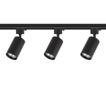 Zestaw szynowy 1m Tiger Track z trzema reflektorami GU10 w kolorze czarnym. Reflektory cylindryczne, zawieszone na szynie, z widocznymi soczewkami. Całość ma matową powierzchnię, umieszczoną na białym tle.