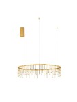 Lampa wisząca Huaraz D80, złota, z pojedynczym źródłem LED 31W, o okrągłej konstrukcji z wiszącymi prostokątnymi elementami. Ujęcie frontalne, zawieszona na dwóch cienkich przewodach. Tło białe, co podkreśla elegancki design lampy.