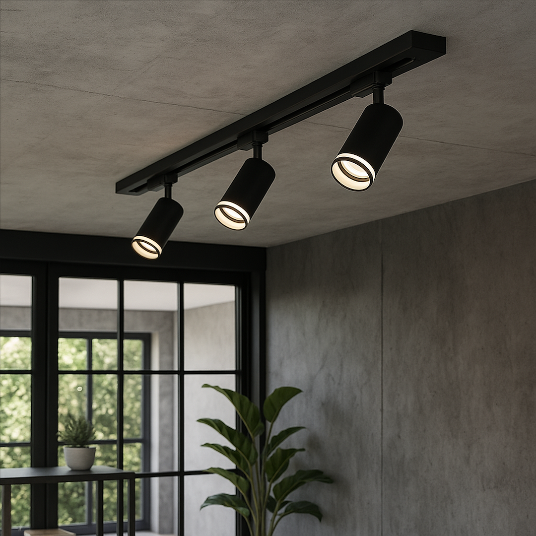Zestaw szynowy 1m Pipe Ring Track z trzema reflektorami GU10 w kolorze czarnym, zamontowany na suficie, z widocznym wyposażeniem w minimalistycznym wnętrzu. Reflektory skierowane w stronę pomieszczenia, na tle szarej ściany i dużych okien.