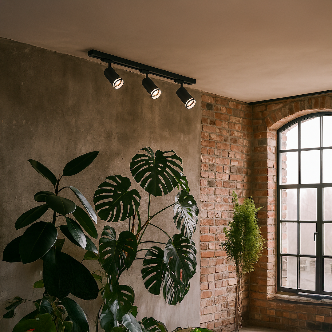 Zestaw szynowy 1m Pipe Ring Track z trzema reflektorami GU10 w kolorze czarnym, zamontowany na ścianie w nowoczesnym wnętrzu, z widocznymi roślinami w tle oraz ceglanym murem. Reflektory skierowane w dół, zapewniając oświetlenie.