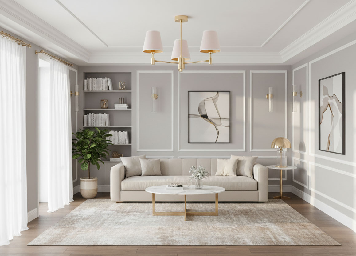 Złoty żyrandol Astrit 3xE14 z trzema różowymi kloszami, zawieszony w nowoczesnym wnętrzu. Ujęcie z dołu, pokazujące elegancki design i proporcje. Tło w stonowanych odcieniach szarości, z meblami i dekoracjami, które podkreślają styl.