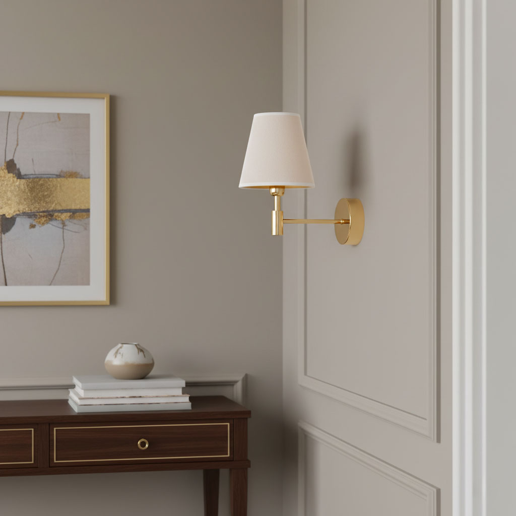 Kinkiet Astrit 1xE14 w kolorze złotym, z abażurem w odcieniu jasnego beżu. Montowany na ścianie, z widoczną podstawą okrągłą i prostym ramieniem. W tle drewniana komoda z dekoracjami.