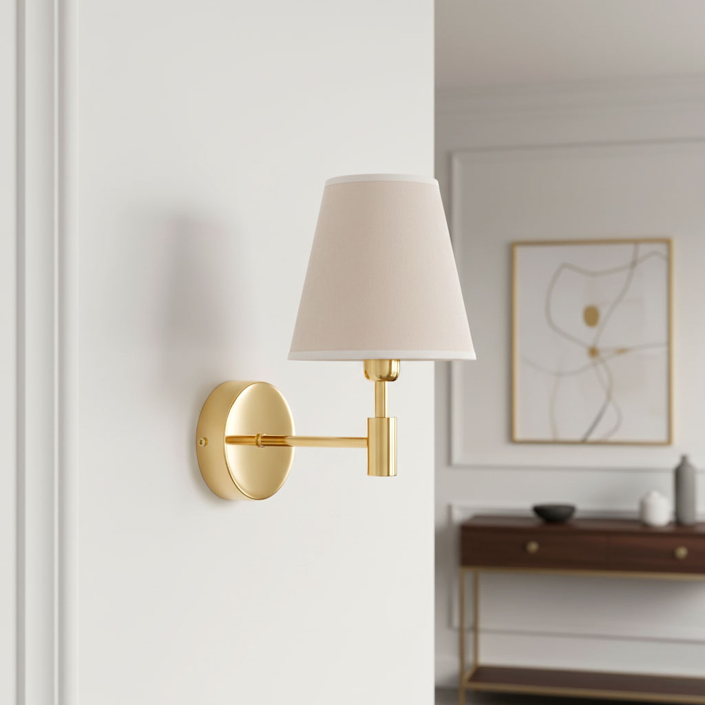 Kinkiet Astrit 1xE14 w kolorze złotym, z okrągłą podstawą i prostą, metalową ramą. Stylowy abażur w odcieniu beżowym. Ujęcie frontalne, montowany na ścianie, w tle minimalistyczne wnętrze.