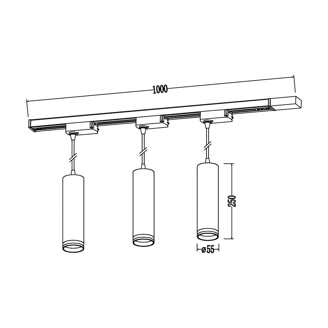 Zestaw szynowy 1m Pipe Ring Track w kolorze czarnym z trzema oprawami na żarówki GU10. Długość szyny wynosi 1000 mm, a wysokość lamp 250 mm. Oprawy mają średnicę 55 mm i są zawieszone na cienkich linkach.