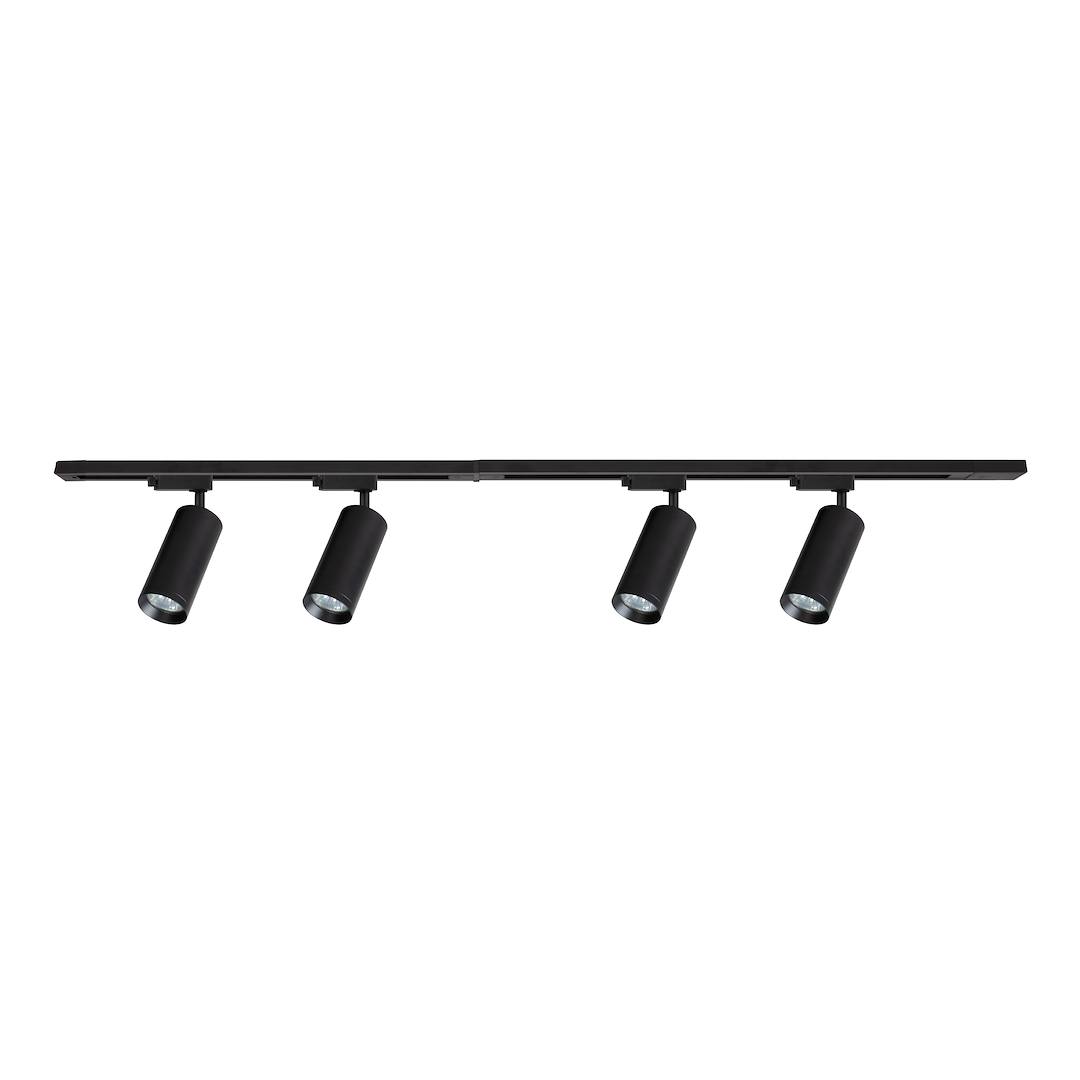 Zestaw szynowy 1,5 m Mica Track w kolorze czarnym, zawierający cztery reflektory GU10. Reflektory mają cylindryczny kształt, zamontowane na szynie w poziomie, z widocznymi źródłami światła.