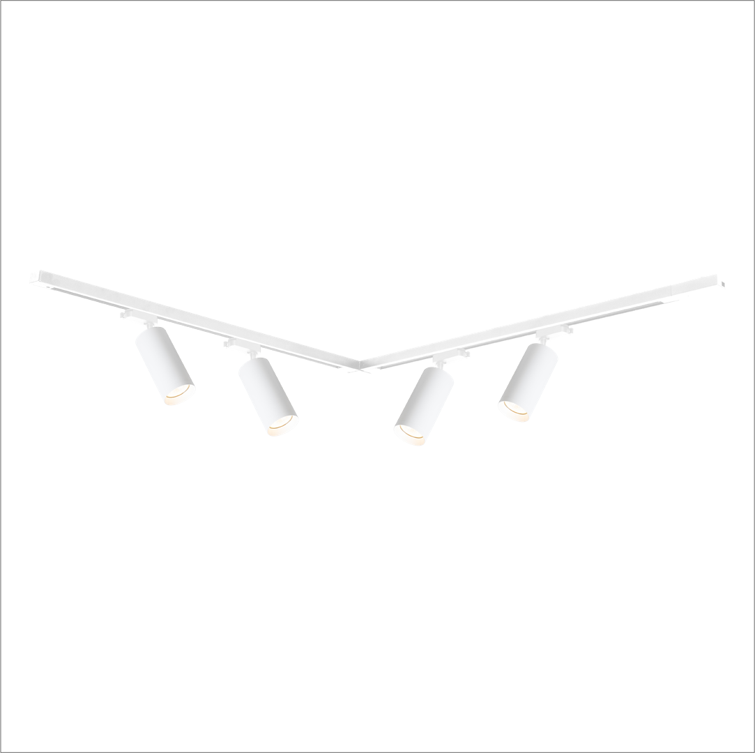 Zestaw szynowy Mica Track o długości 1,5 m w kolorze białym, z czterema reflektorami GU10. Reflektory mają cylindryczny kształt, umieszczone na szynie w układzie V, z widocznymi detalami mocowania. Tło jest białe.