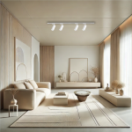 Zestaw szynowy Mica Track 1,5m w kolorze białym z czterema oprawami GU10, zamontowany na suficie we wnętrzu. Oprawy są w prostokątnym kształcie, w równych odstępach, o minimalistycznym designie. Tło stanowi jasna aranżacja z kanapą i dekoracjami.