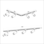Zestaw szynowy Mica Track o długości 1,5 m w kolorze białym, z czterema oprawami GU10. Ujęcie pokazuje szczegóły konstrukcji oraz wymiary: długość szyny 1500 mm, wysokość opraw 130 mm, średnica 60 mm.