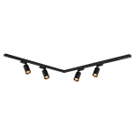 Zestaw szynowy 1,5 m w kolorze czarnym z czterema reflektorami GU10. Ujęcie z przodu, ukazujące kąt w kształcie litery V. Reflektory mają cylindryczny kształt i złote wnętrze, zamontowane na szynie. Tło białe, co podkreśla produkt.