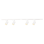 Zestaw szynowy Pipe Track o długości 1,5 m w kolorze białym, składający się z czterech opraw GU10. Oprawy mają cylindryczny kształt i są zamocowane na ruchomej szynie, co umożliwia regulację kierunku światła.