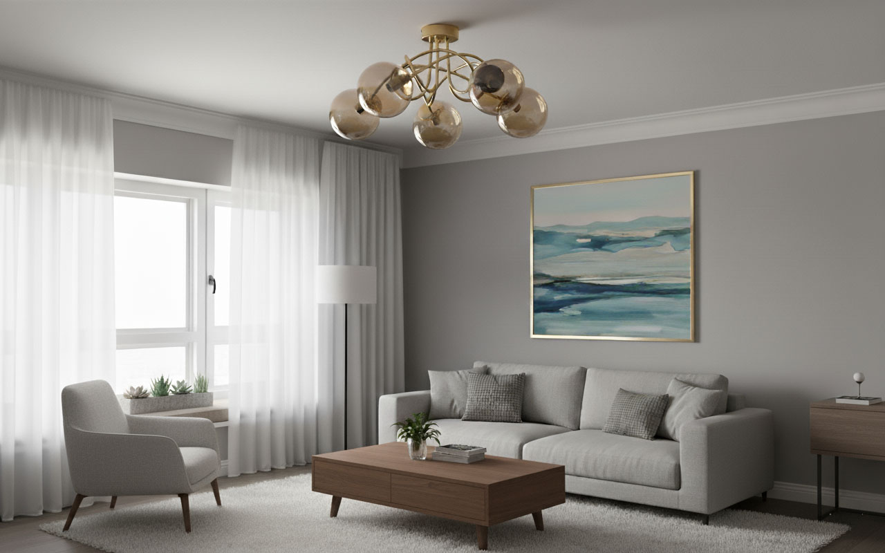 Lampa sufitowa Banko w kolorze złotym, z pięcioma kloszami E14, umieszczona centralnie we wnętrzu. Klosze mają półprzezroczystą strukturę, a lampa wisi pod sufitem nad drewnianym stolikiem w salonie.