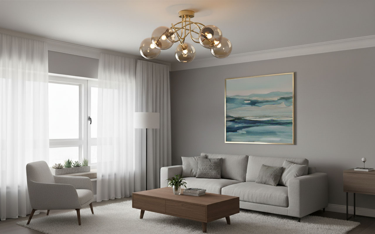 Lampa sufitowa Banko w kolorze złotym, pięciopunktowa, z przezroczystymi kloszami, zamontowana na suficie. W tle nowoczesny salon z szarymi ścianami, dużym oknem, jasną sofą i drewnianym stolikiem kawowym.