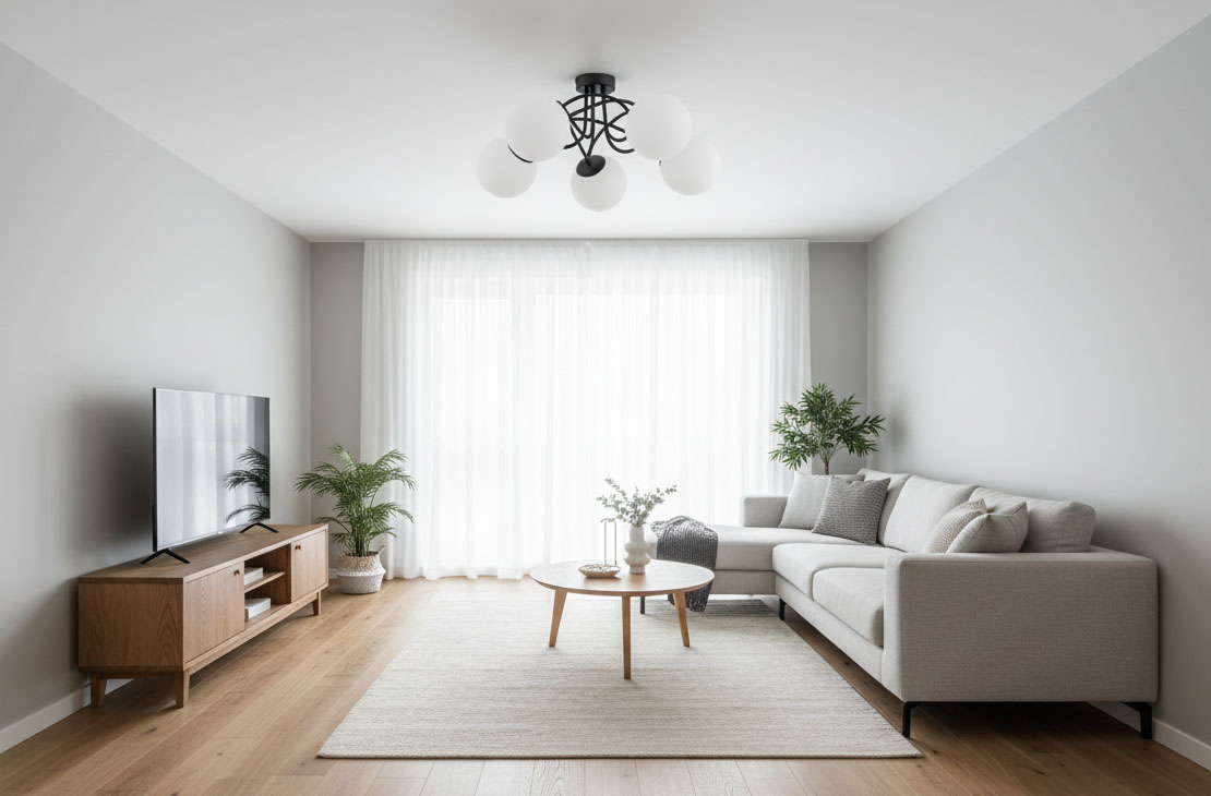 Czarna lampa sufitowa Banko z pięcioma oprawami E14, umieszczona na gładkim, białym suficie. Lampa ma elegancki, nowoczesny design, z okrągłymi, białymi kloszami, tworzącym kontrast z czarną podstawą. W tle widoczny jasny salon z roślinami.