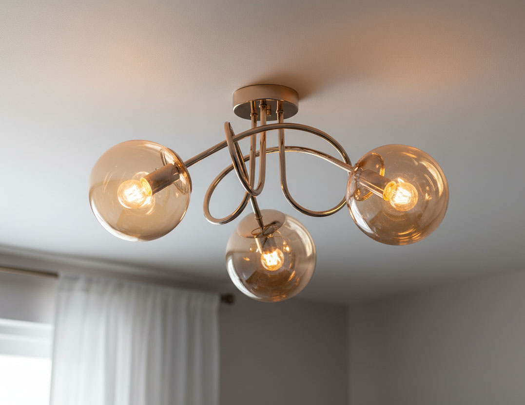 Lampa sufitowa Banko z trzema żarówkami E14, w kolorze antycznego złota. Posiada okrągłe, szklane klosze o lekko przydymionym odcieniu, zamontowana na metalowej podstawie. Ujęcie z dołu, ukazujące kształt i detal konstrukcji.