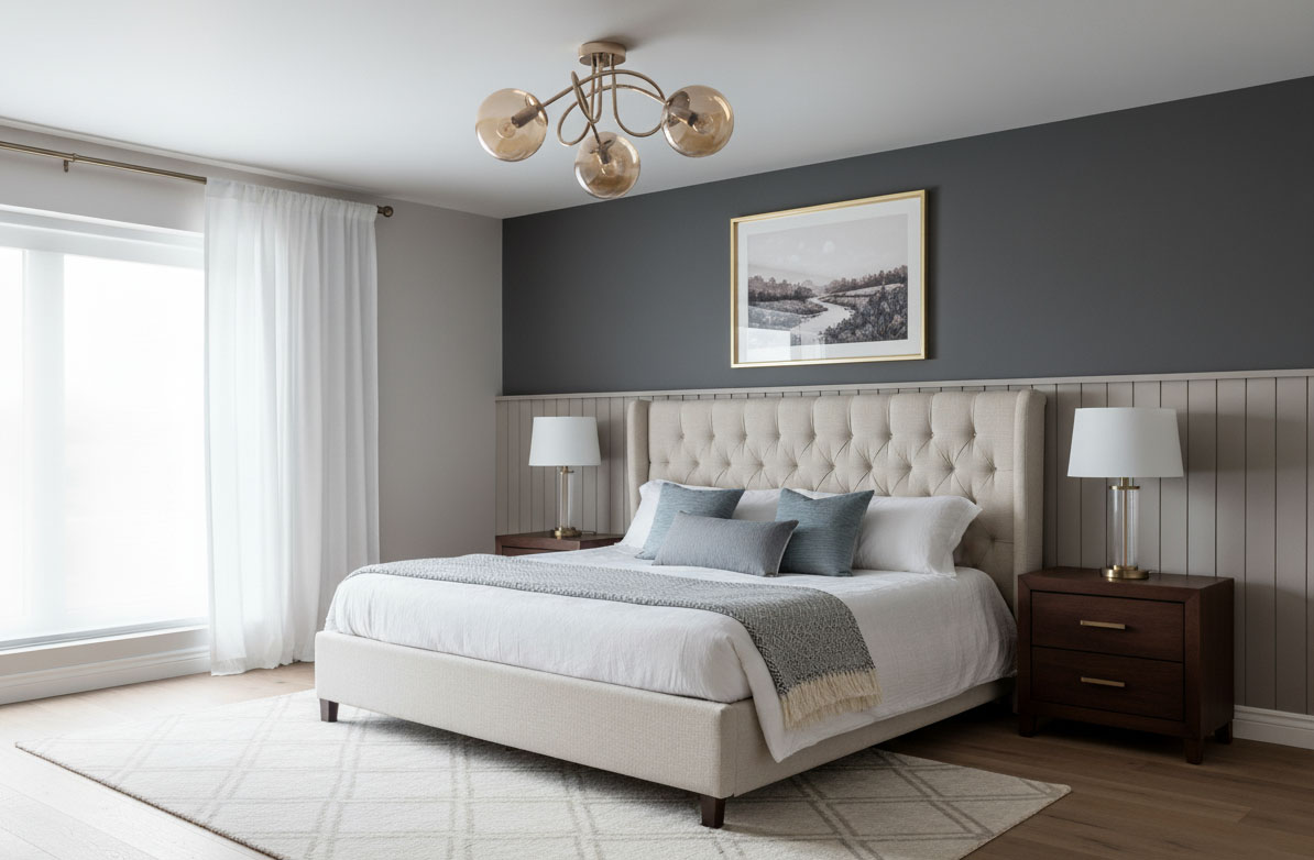 Lampa sufitowa Banko w antycznym złocie, z trzema kloszami w formie kul, zamontowana na suficie w sypialni. W tle widoczna elegancka aranżacja z łóżkiem, nocnymi lampkami i obrazem na ścianie.