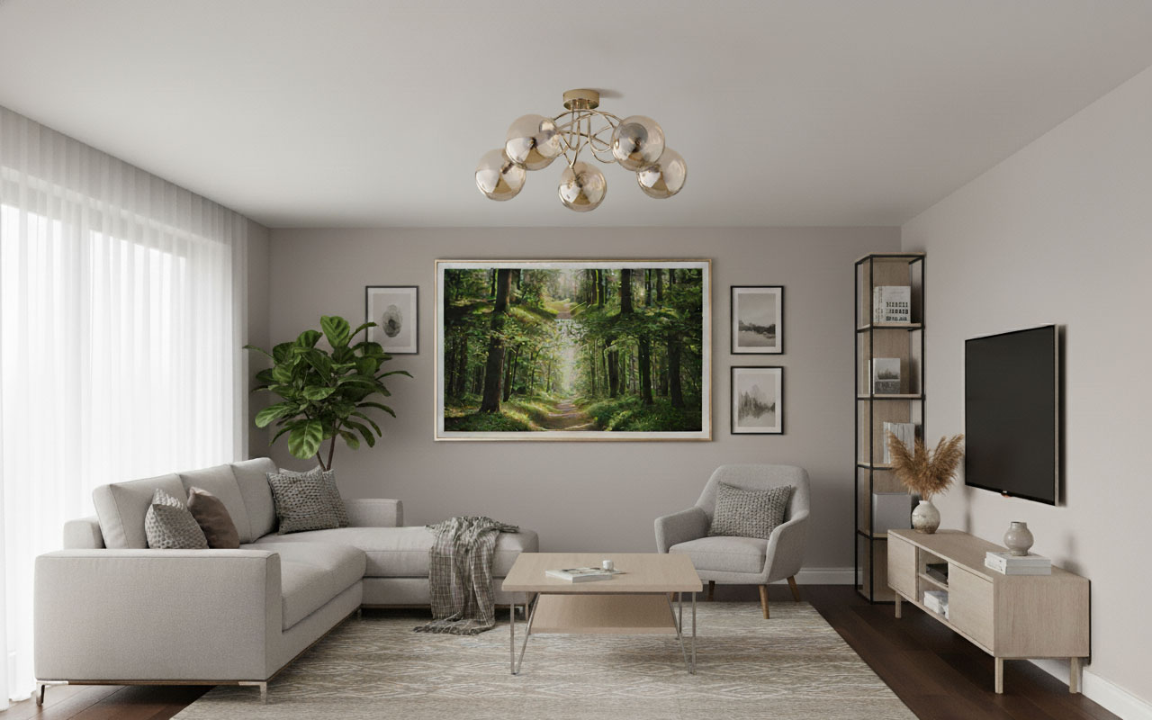 Lampa sufitowa Banko 5xE14 w kolorze antycznego złota, z pięcioma okrągłymi kloszami, zawieszona w nowoczesnym wnętrzu. Zbliżenie na detale kształtu i wykończenia. W tle widoczny salon z sofą, stolikiem i obrazem na ścianie.