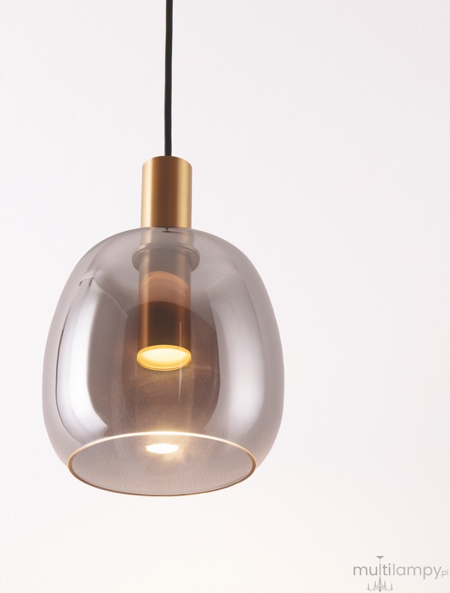 Lampa wisząca Iquitos z jednym źródłem LED 7W, z przezroczystym kloszem w kształcie kulistym i złotym mocowaniem. Produkt zawieszony na czarnym przewodzie, idealny do nowoczesnych wnętrz.