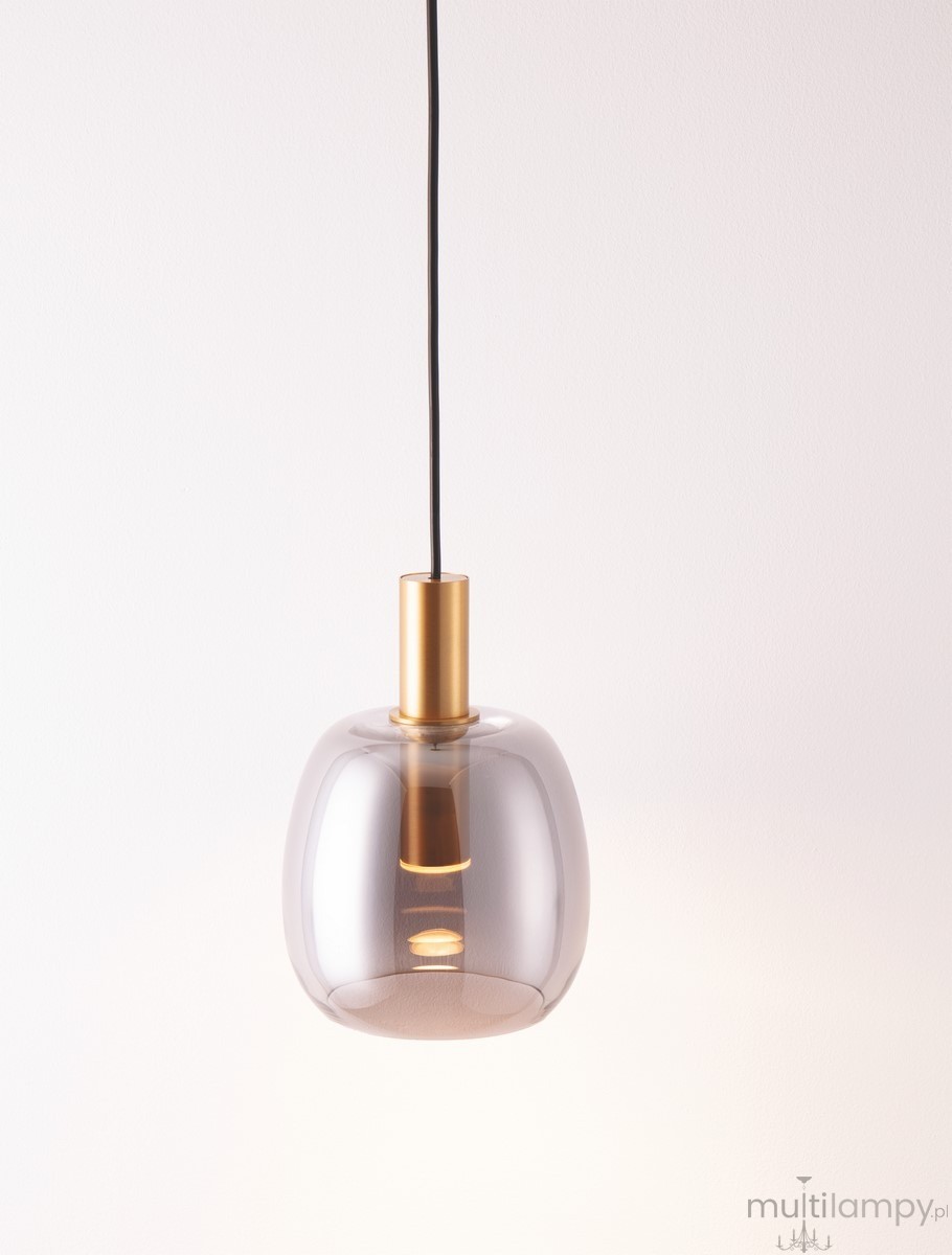 Lampa wisząca Iquitos z jednym źródłem LED 7W, z przezroczystym kloszem w odcieniu szaro-srebrnym i złotym mocowaniem. Zawieszona na czarnym kablu, prezentuje nowoczesny design, idealna do różnych aranżacji wnętrz.