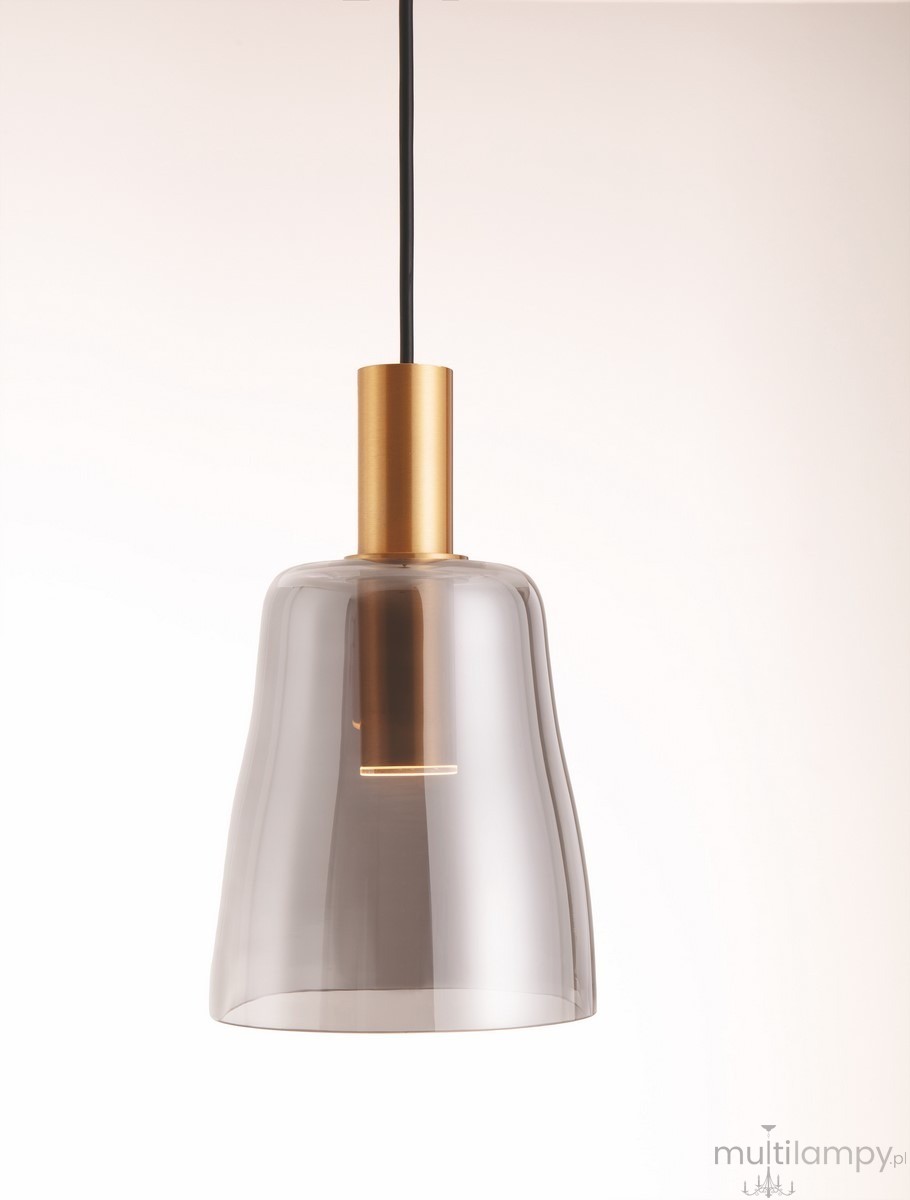Lampa wisząca Iquitos z przezroczystym kloszem z tworzywa sztucznego i złotym mocowaniem. Źródło światła LED 7W. Produkt zawieszony na czarnym kablu, z widoczną żarówką w centralnej części klosza. Minimalistyczny design, idealna do nowoczesnych wnętrz.