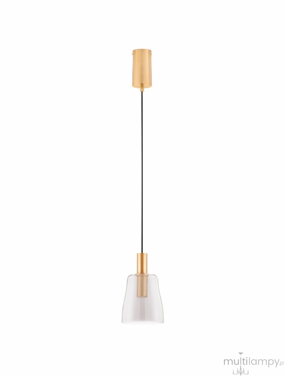 Lampa wisząca Iquitos z jednym źródłem LED 7W, złota metalowa oprawa oraz przezroczysta szklana klosz w kształcie dzwonu, zawieszona na czarnym przewodzie, w pozycji pionowej, na białym tle.