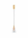 Lampa wisząca Iquitos z jednym źródłem LED 7W, złota metalowa oprawa oraz przezroczysta szklana klosz w kształcie dzwonu, zawieszona na czarnym przewodzie, w pozycji pionowej, na białym tle.