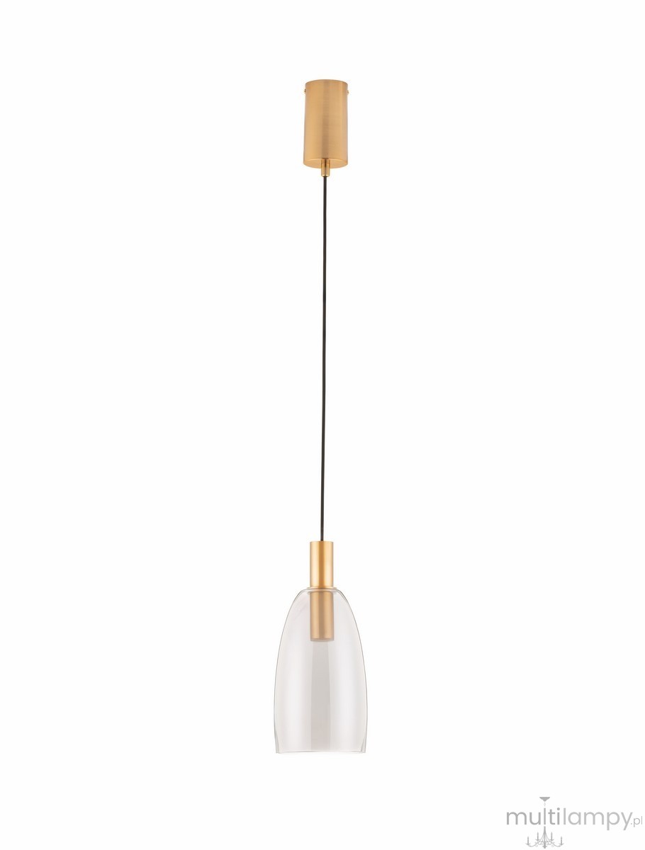 Lampa wisząca Iquitos 1xLED 7W w kolorze złotym. Posiada przezroczystą klosz w kształcie dzwonu oraz metalowy, złoty uchwyt. Zawieszona na cienkim, czarnym przewodzie, montowana na suficie. Idealna do nowoczesnych wnętrz.