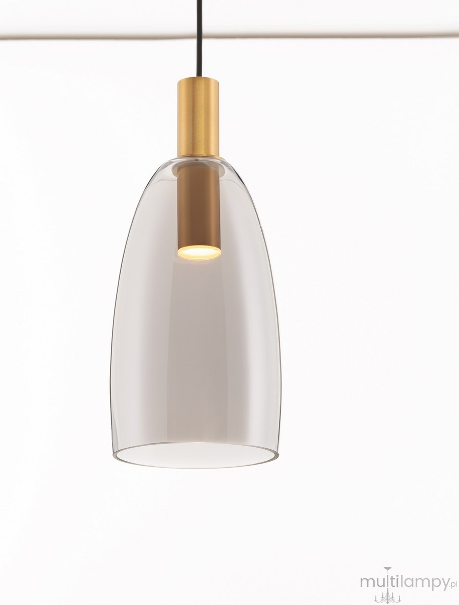 Lampa wisząca Iquitos z przezroczystym kloszem, złotym uchwytem i LED 7W. Ujęcie z dołu, pokazujące elegancki kształt oraz detal oświetlenia. Tło białe, co podkreśla nowoczesny design.