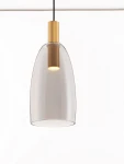 Lampa wisząca Iquitos z przezroczystym kloszem, złotym uchwytem i LED 7W. Ujęcie z dołu, pokazujące elegancki kształt oraz detal oświetlenia. Tło białe, co podkreśla nowoczesny design.