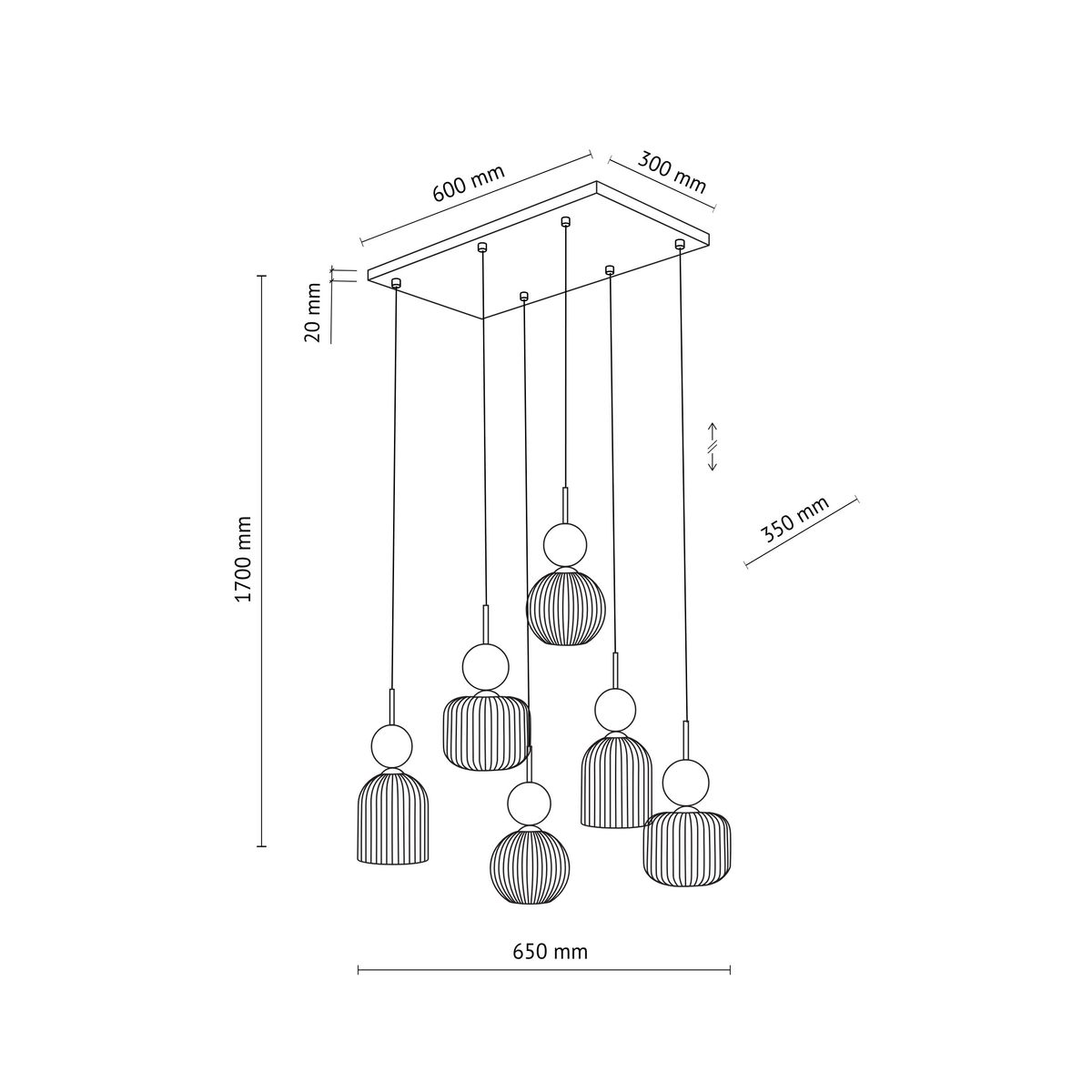Lampa wisząca Sophia z sześcioma źródłami światła E14 w białym kolorze. Posiada różne kształty kloszy, w tym okrągłe i cylindryczne. Wymiary: szerokość 600 mm, wysokość 1700 mm, głębokość 300 mm. Zawieszona na cienkich linkach, montowana do sufitu.