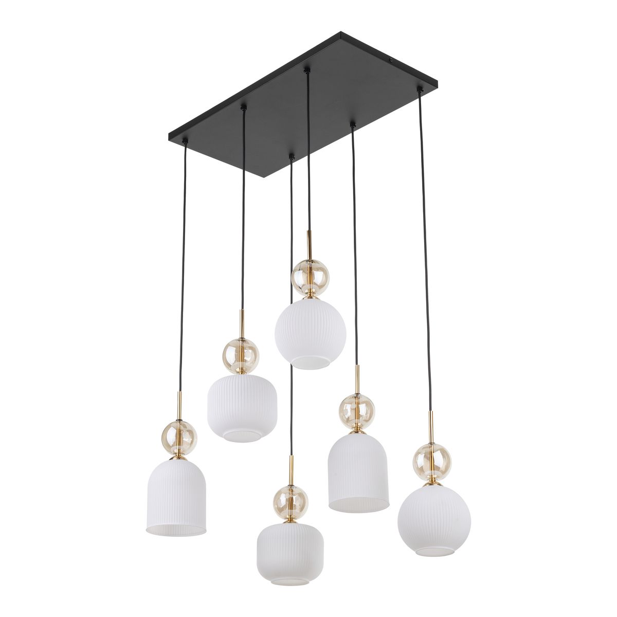 Lampa wisząca Sophia z sześcioma oprawami E14 w białym kolorze. Szklane klosze w kształcie kulistym i cylindrycznym, z delikatnym żłobieniem. Lampa zawieszona na czarnych przewodach z metalowym, prostokątnym stelażem.