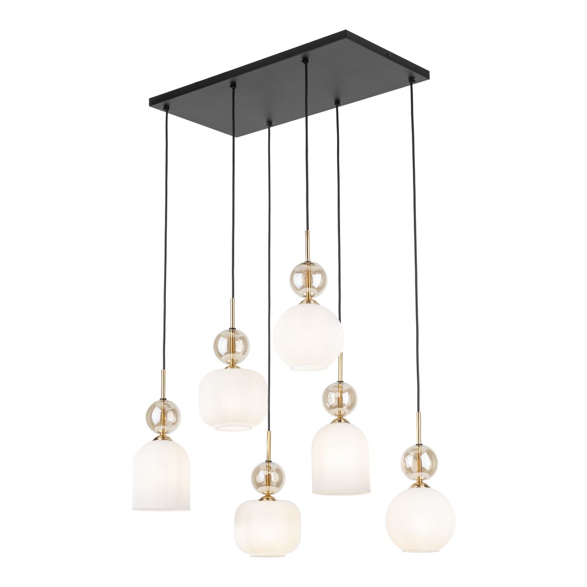 Lampa wisząca Sophia z sześcioma kloszami E14 w białym kolorze, zawieszona na czarnych przewodach. Klosze mają różne kształty: cylindryczny, okrągły i kulisty, z dekoracyjnymi elementami w kolorze złotym. Montowana do sufitu na prostokątnej podstawie.