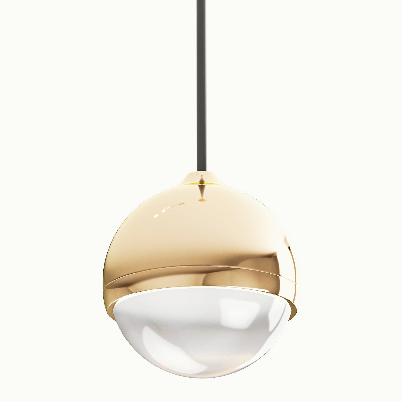 Złota lampa wisząca Bolicina LED w kształcie półkuli, z górną błyszczącą częścią i matowym białym kloszem. Zawieszona na czarnym przewodzie, prezentuje nowoczesny design. Idealna do minimalistycznych wnętrz.