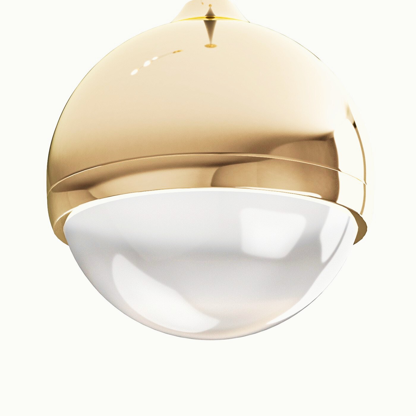 Złota lampa wisząca Bolicina LED o kulistym kształcie, z górną częścią w połyskującym złotym kolorze i dolną częścią w białym, matowym wykończeniu. Produkt zawieszony, z widocznym detalem połączenia części.