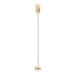 Złota lampa wisząca Bolicina z jednym punktem świetlnym, z cylindrycznym abażurem, zawieszona na cienkim czarnym przewodzie. Szklana kula na dole, z eleganckim wykończeniem. Prosty, nowoczesny design na białym tle.