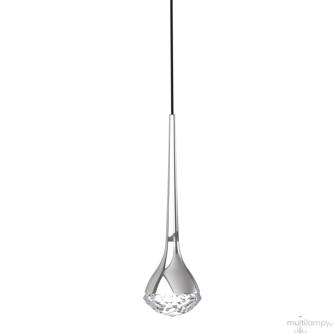 Lampa wisząca Crima Cromo LED 1-punktowa w kształcie kropli, wykonana z chromowanego metalu z przezroczystym kloszem. Zawieszona na cienkim czarnym przewodzie, prezentuje elegancki, minimalistyczny design.