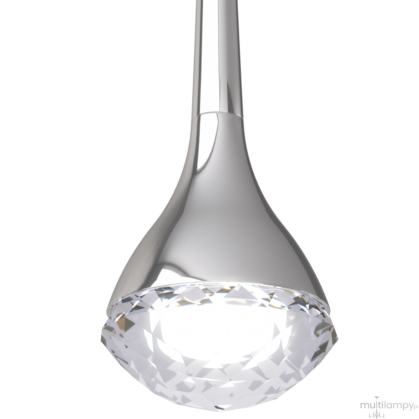 Lampa wisząca Crima Cromo LED w kształcie kropli z chromowanym wykończeniem. Szklany klosz z wieloma szlifami, emitujący światło, zawieszony na cienkim, prostym przewodzie. Idealna do nowoczesnych wnętrz.