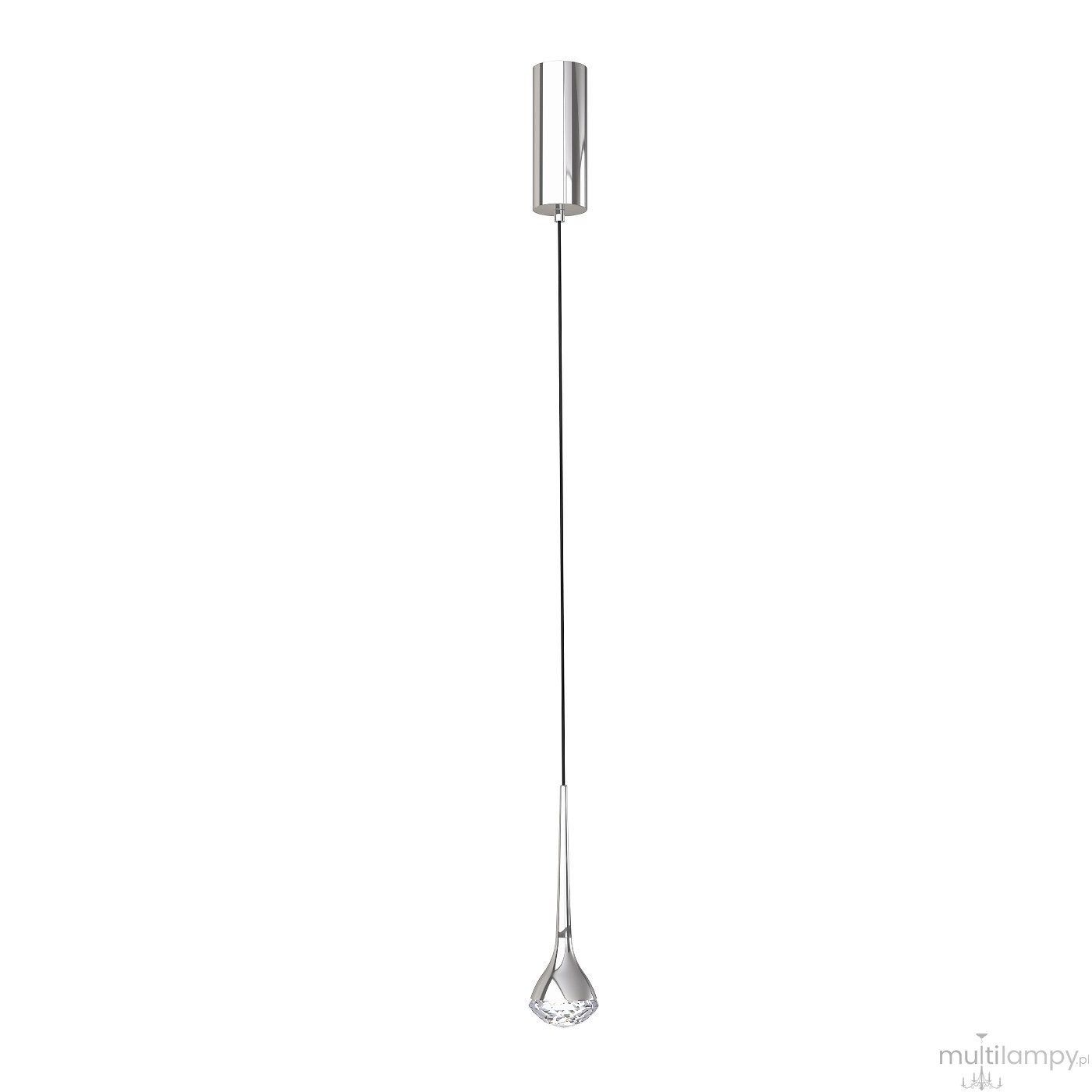 Lampa wisząca Crima Cromo LED, jedno punktowa, z metalowym, błyszczącym kloszem w kształcie stożka, zawieszona na cienkim przewodzie. Na dole umieszczony kryształowy element w formie kropli, przyciągający wzrok. Tło białe, minimalistyczne.