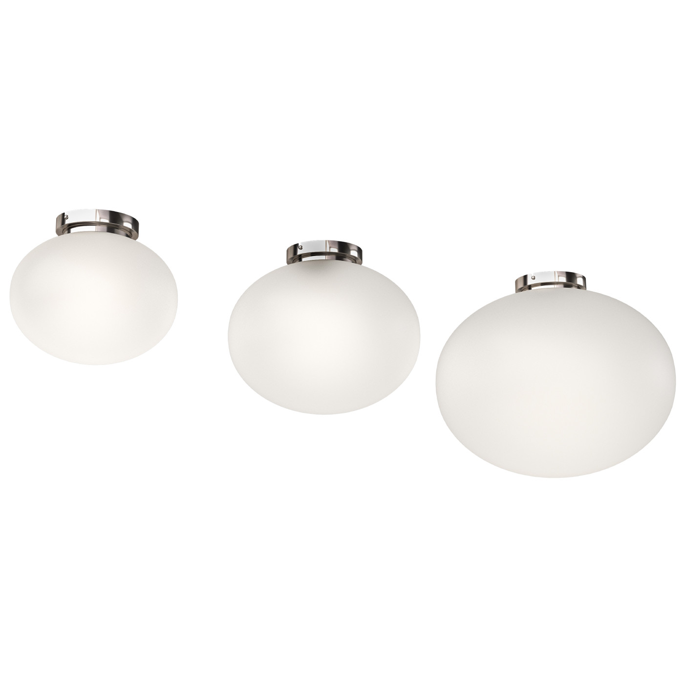 Lampa sufitowa Palla D24 z chromowanym mocowaniem, z trzema okrągłymi kloszami z matowego szkła w różnych rozmiarach. Klosze są umieszczone na górze, tworząc harmonijną kompozycję, idealną do nowoczesnych wnętrz.